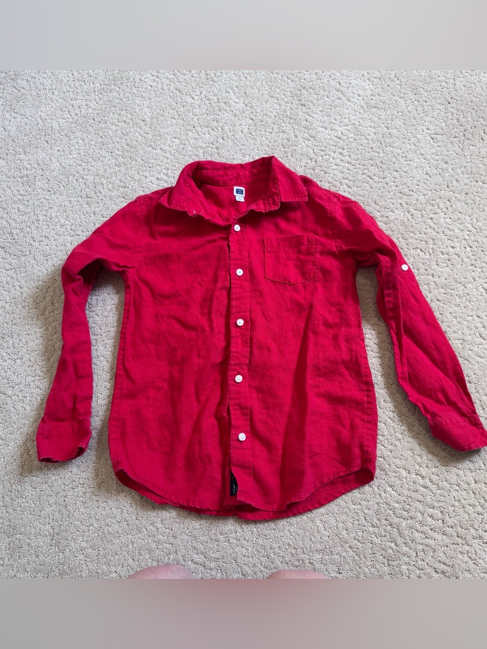 Janie And Jack Red Linen Boys Button Down Long Sleeve Shirt Size 7 Roll Tab